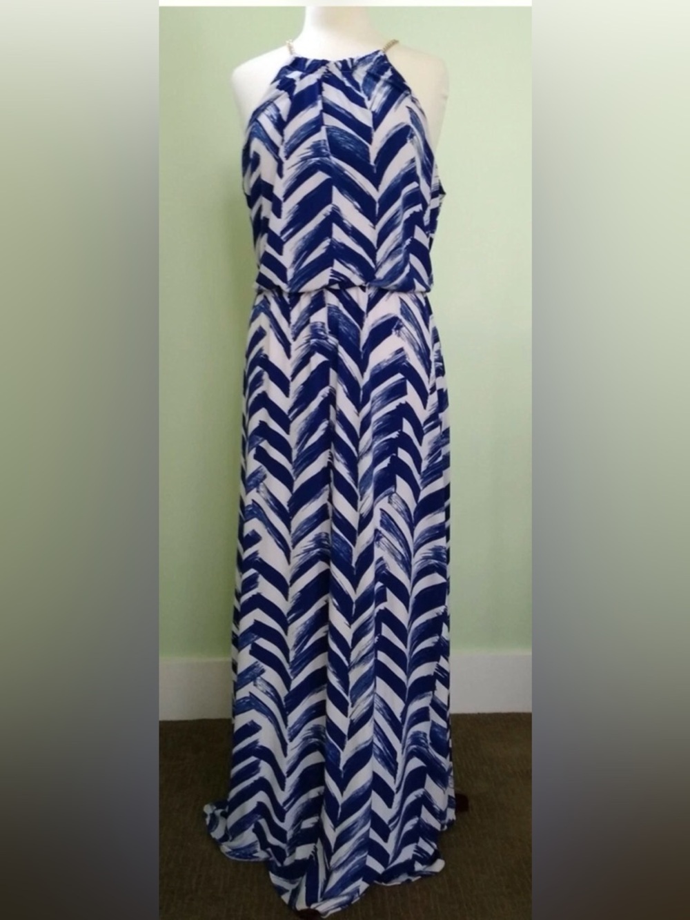 Bisou Bisou Navy and White Chevron Halter Maxi Dress